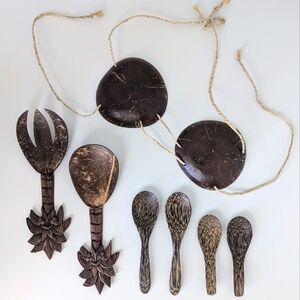 Luau LOT Salad Server Spoon Coconut Shell Wood Palm Hula Hawaii Tropical Island